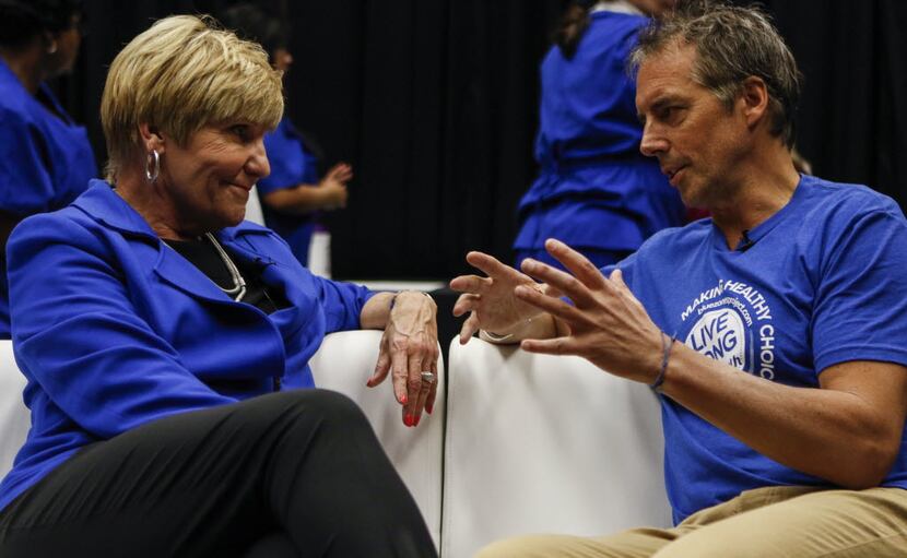 Fort Worth Mayor Betsy Price talks with Blue Zones Project founder Dan Buettner during a...