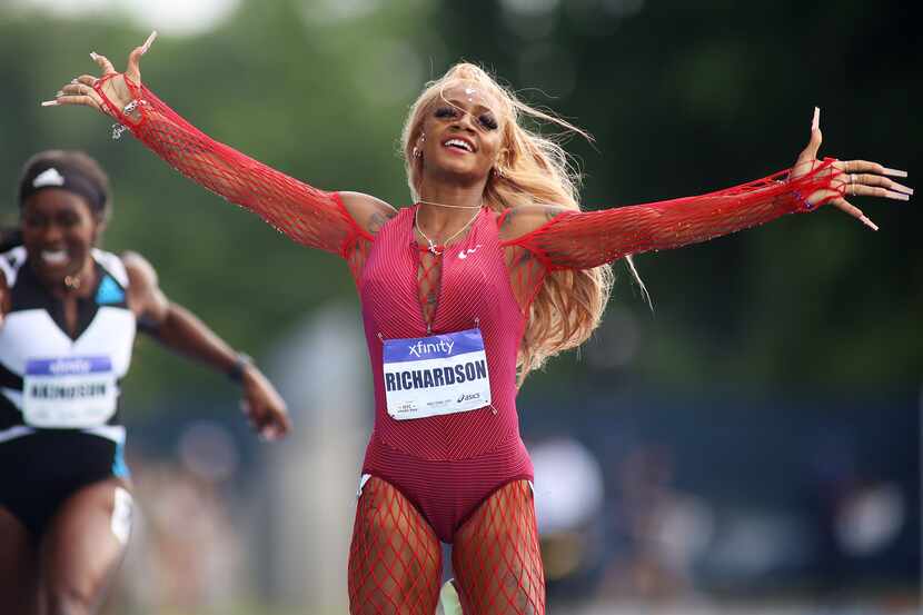 NEW YORK, NEW YORK - JUNE 12: Sha'Carri Richardson celebrates after winning the Women's 200m...
