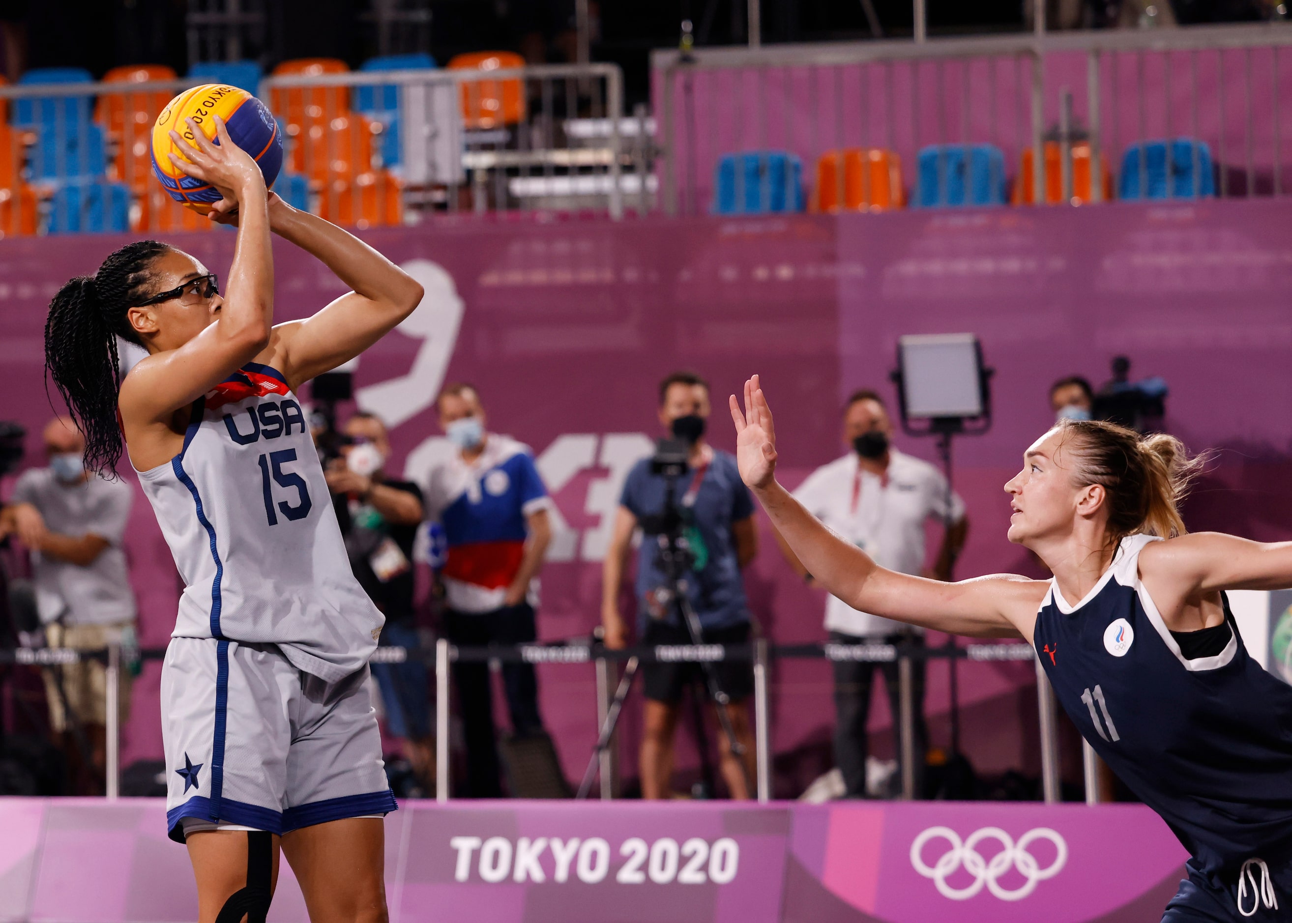 USA’s Allisha Gray (15) shoots over ROC’s Anastasiia Logunova (11) during the 3x3 women’s...