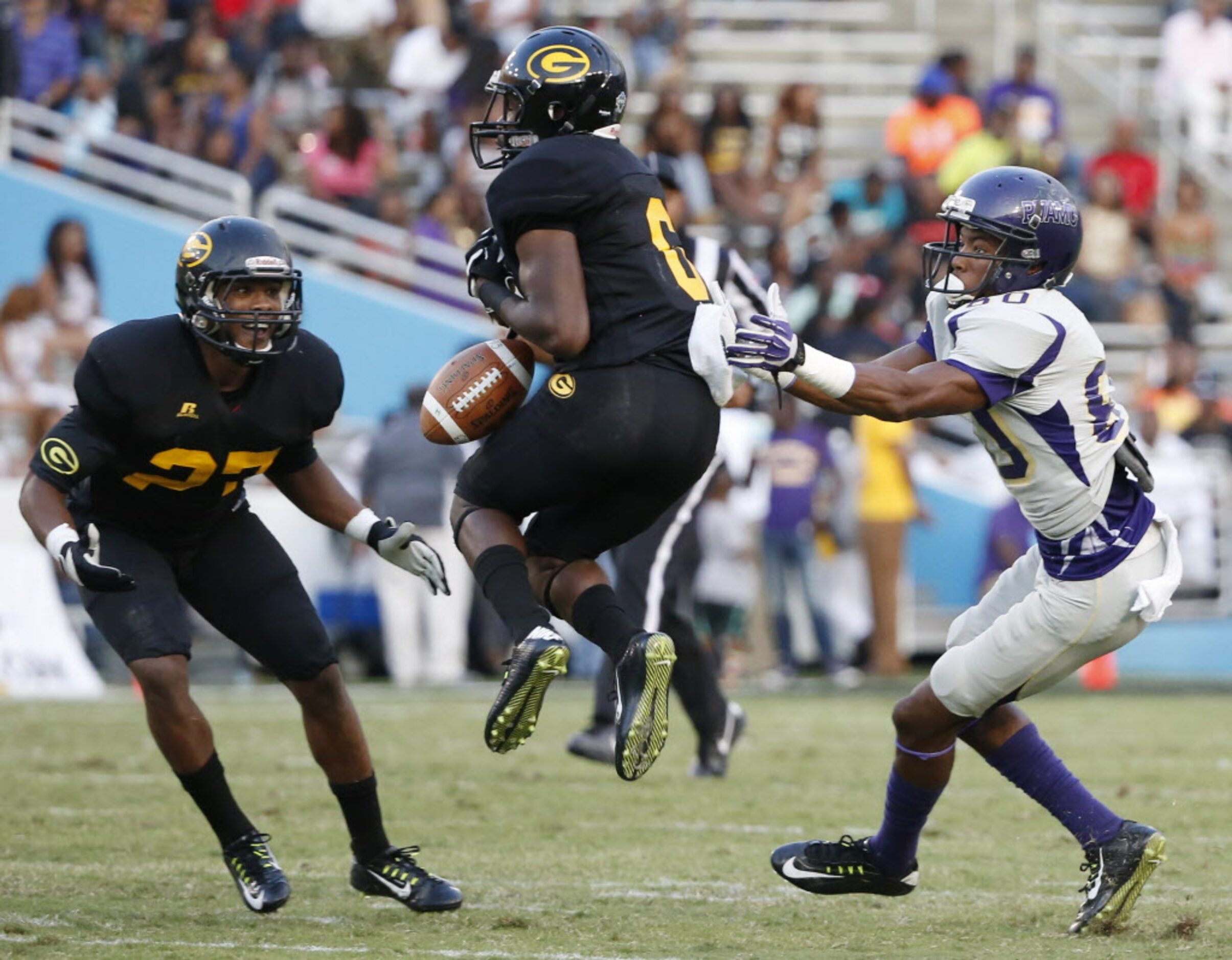 Grambling State defensive back Tyree Hollins (27) looks on as defensive back Mike Roach (6)...