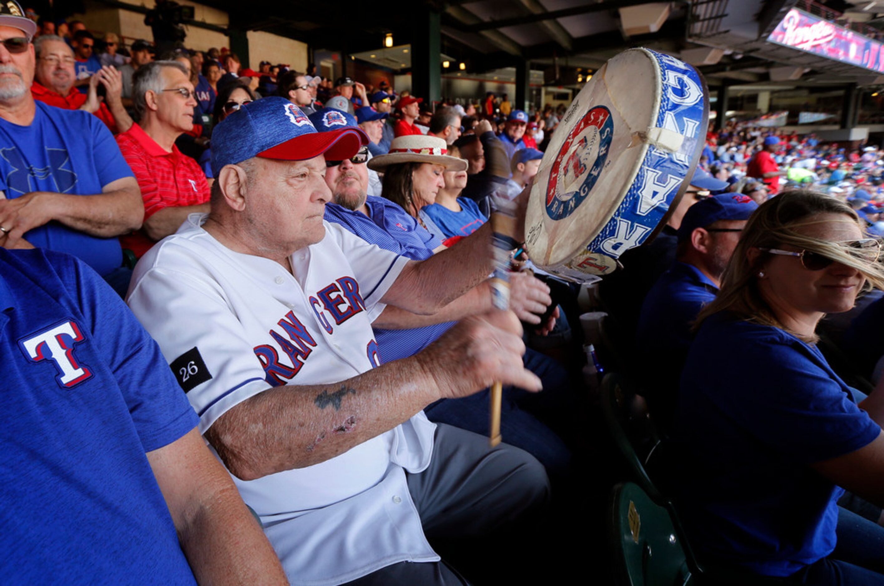 Zonk aka John Lanzillo Jr., 85, beats his worn drum with his signature cadence after Texas...