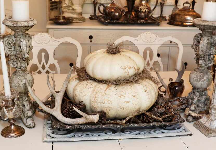 
A centerpiece consisting of a white pumpkin, pine cones, Spanish moss, antlers and other...