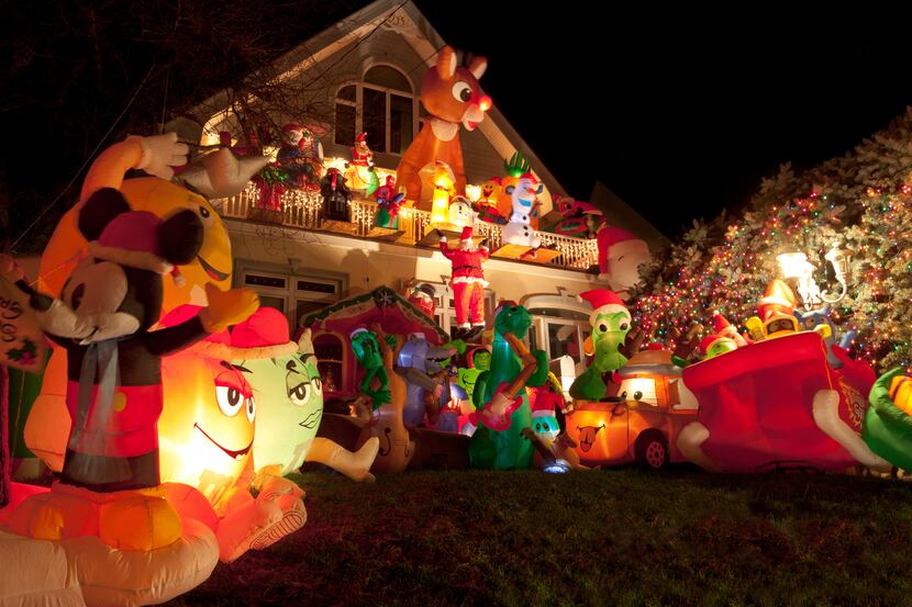 Night view of a home with Christmas decorations in the Dyker Heights neighborhood of Brooklyn.