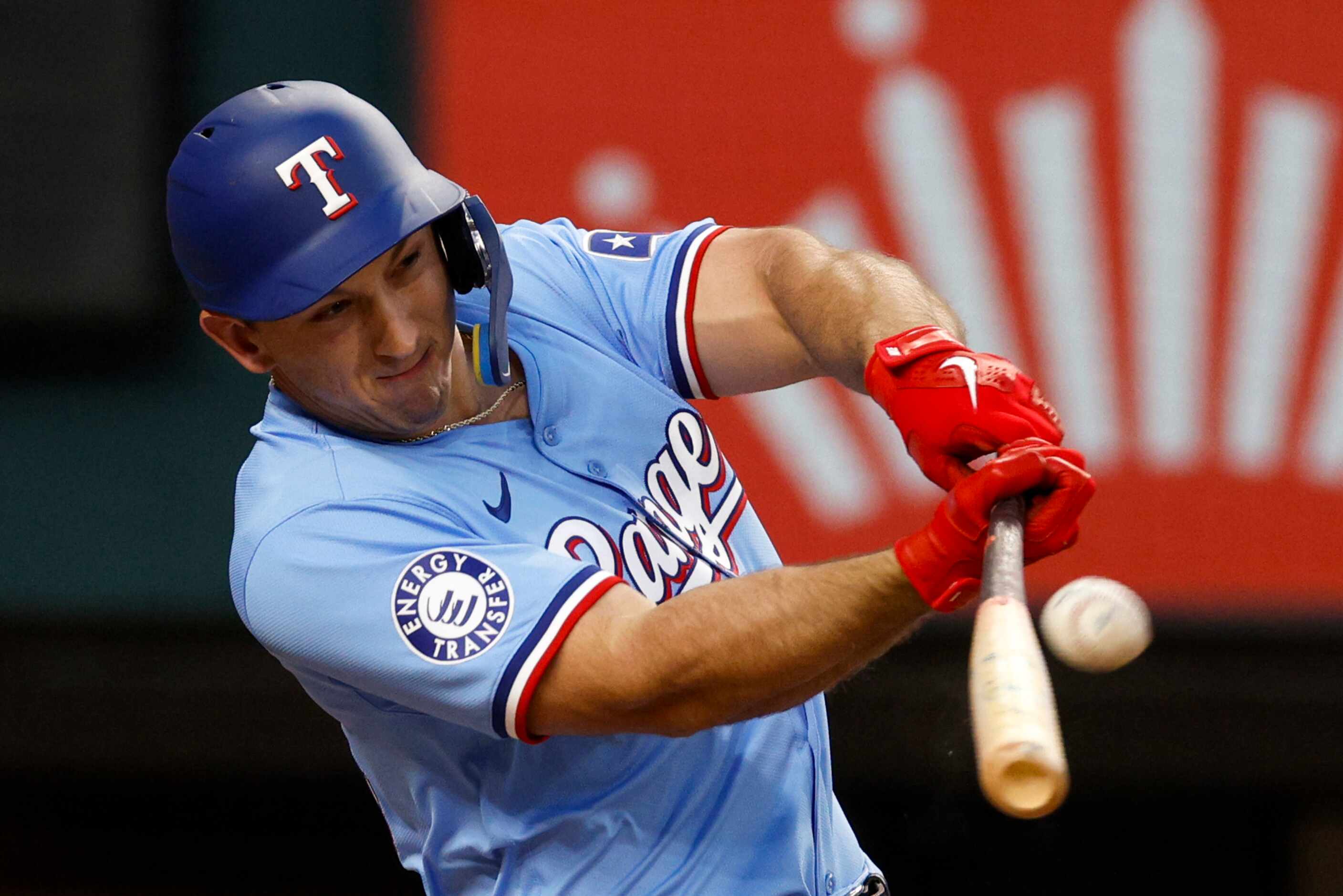 Texas Rangers designated hitter Wyatt Langford (36) flies out to left during the sixth...