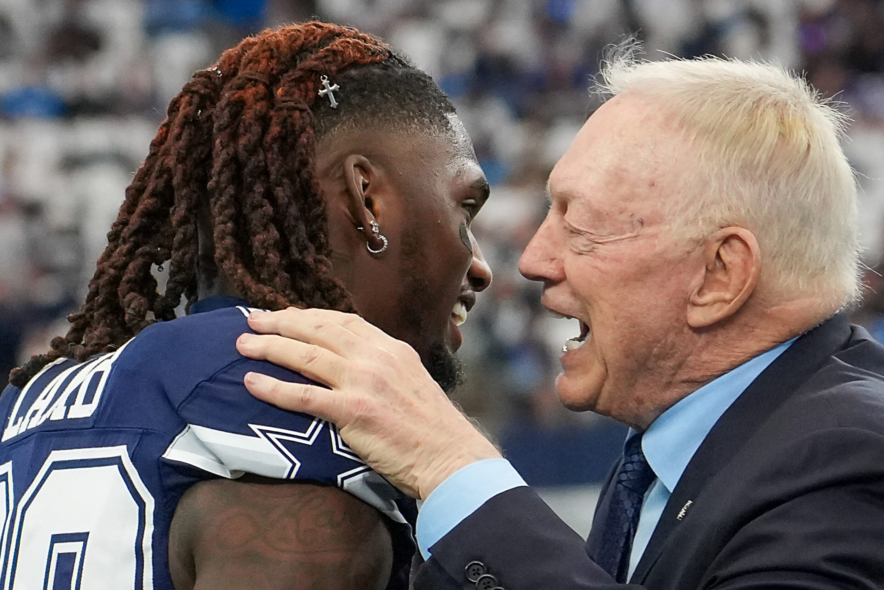 Dallas Cowboys wide receiver CeeDee Lamb talks with Cowboys owner and general manager Jerry...