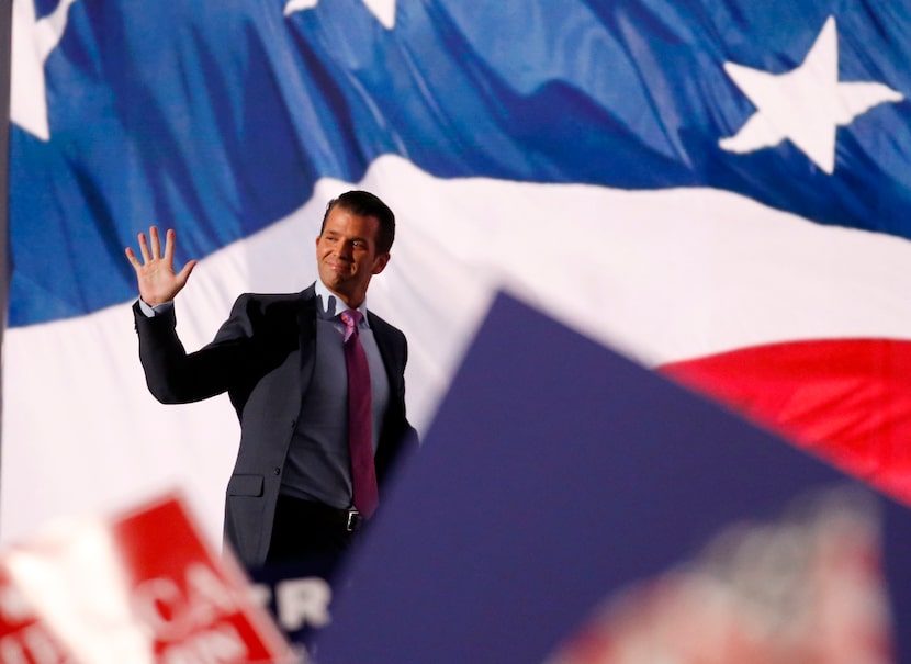 Donald Trump, Jr., son of Republican Presidential candidate Donald Trump, waves to the crowd...