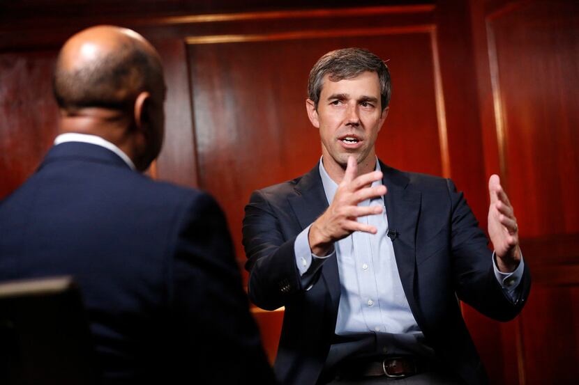 Democratic Presidential candidate Beto O'Rourke (right) talked with Dallas Morning News...