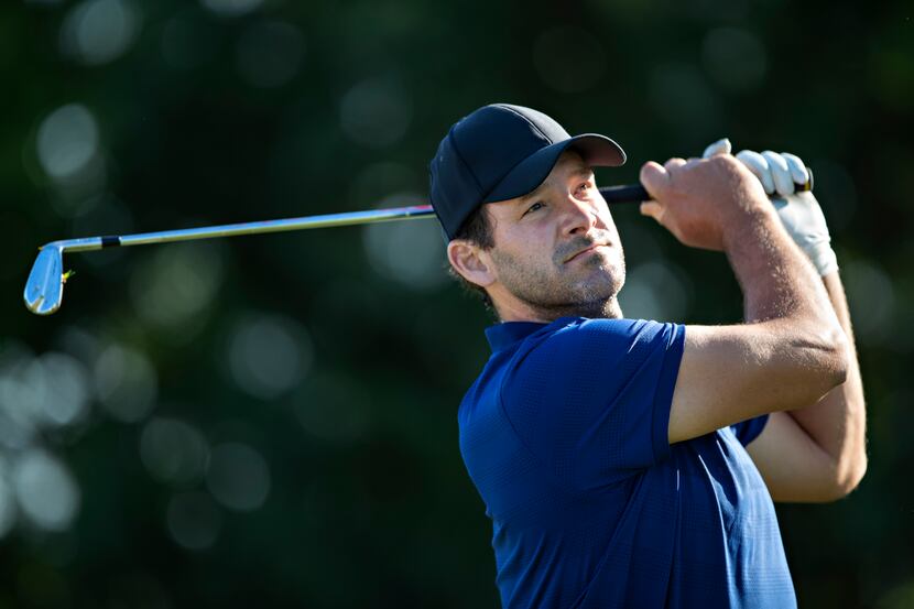 Tony Romo tees off on the 2nd hole during the rained delayed second round of the Korn Ferry...