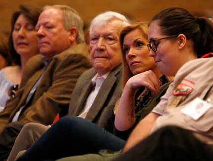 Irving Mayor Beth Van Duyne listens during as Rep. Pete Sessions, R-Dallas, speaks during a...
