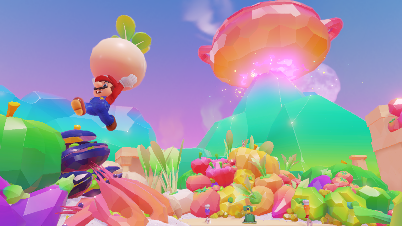 Mario carries a vegetable through a crystal world in Super Mario Odyssey. 