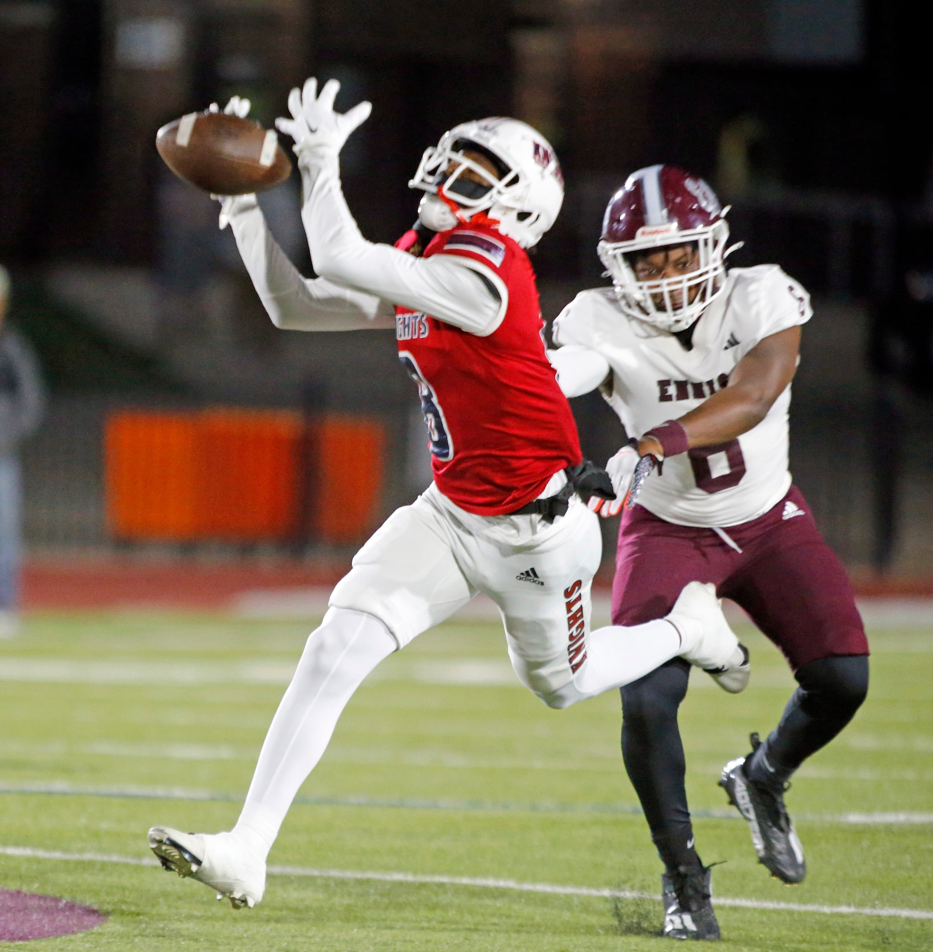 Kimball WR Xavier Hampton (8) can’t hold onto a long pass during the first half of a high...