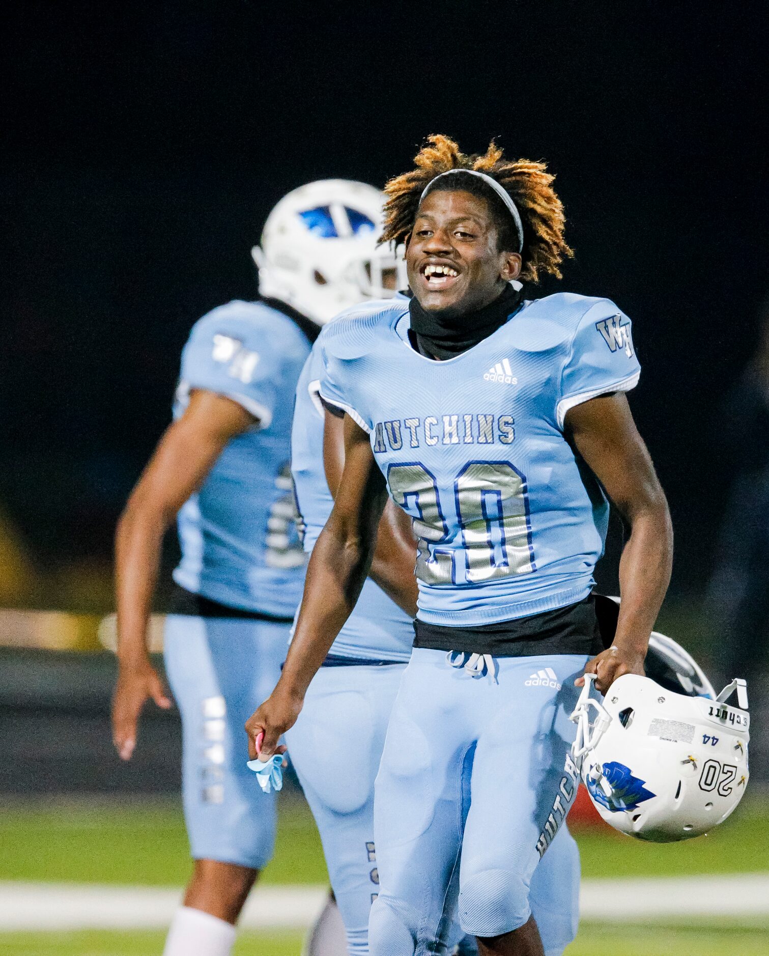 Wilmer-Hutchins senior defensive back Jordan Jones (20) celebrates a 31-28 win over Kaufman...