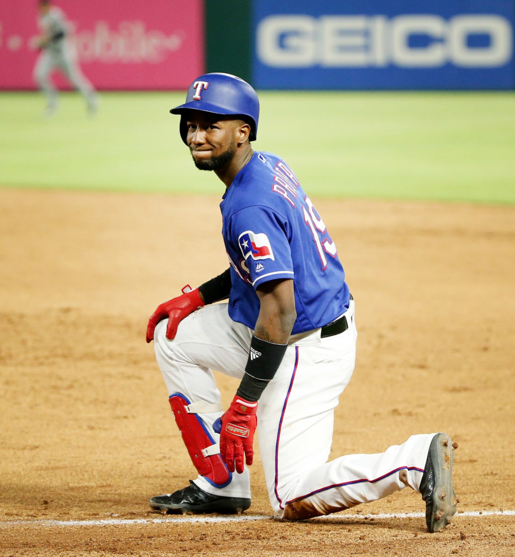 Texas Rangers shortstop Jurickson Profar (19) reacts after grounding out to end the eighth...