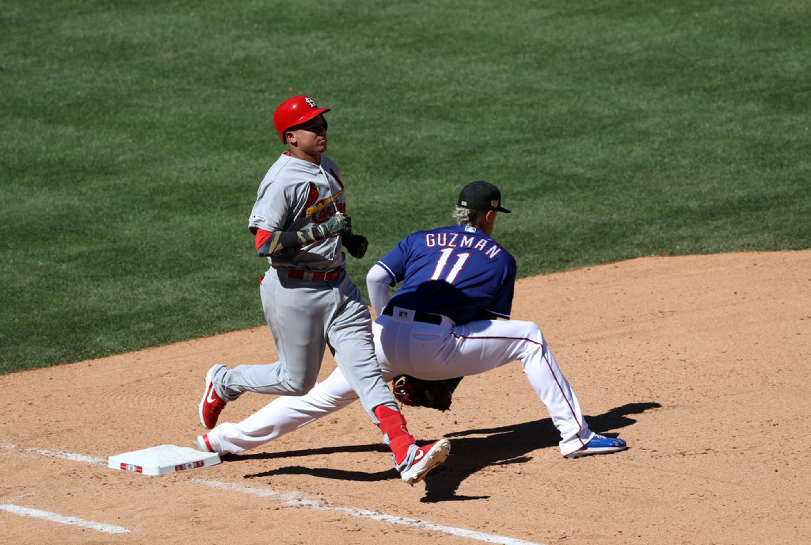 ARLINGTON, TEXAS - MAY 19:  Yairo Munoz #34 of the St. Louis Cardinals grounds out against...