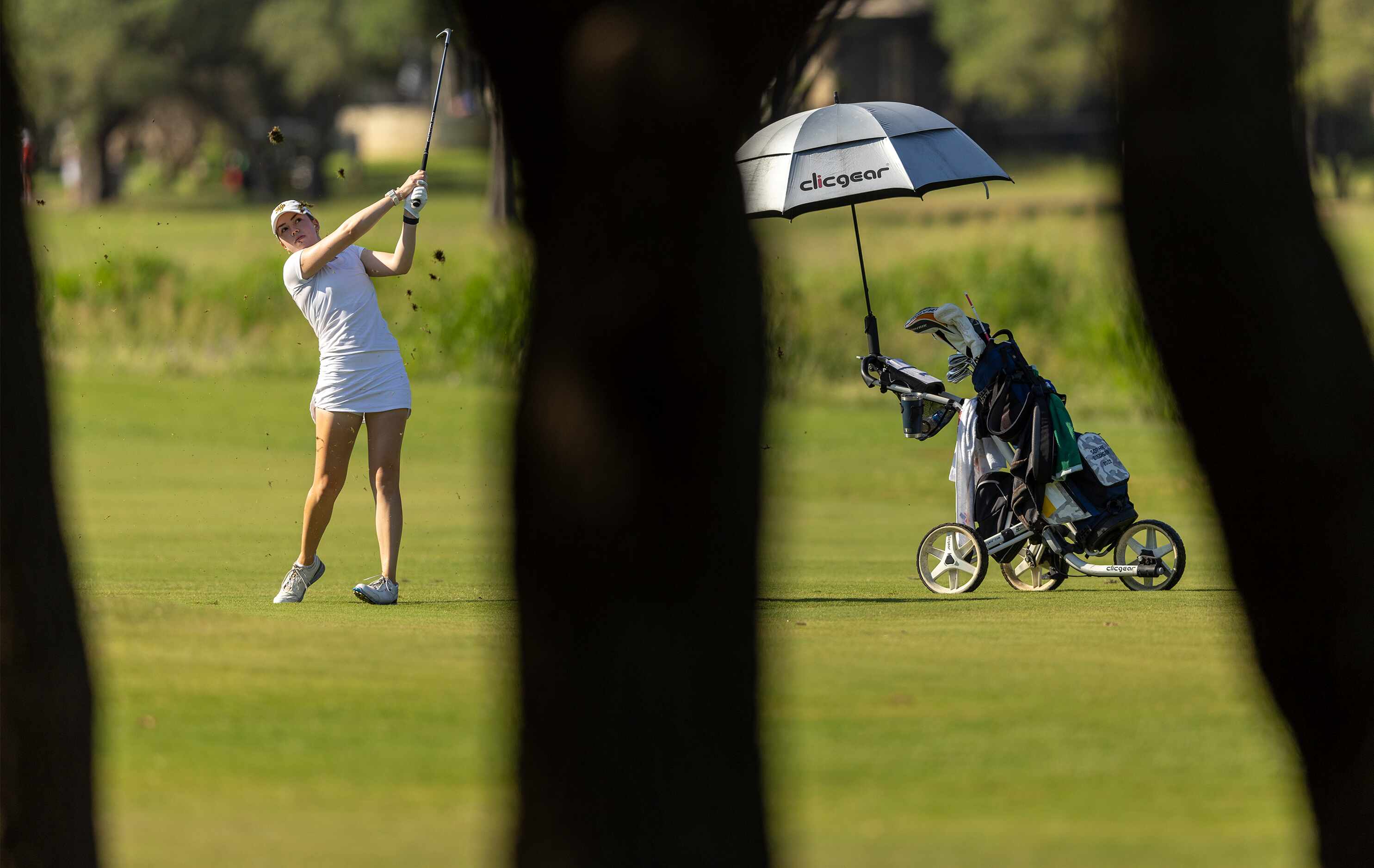 Highland Park’s Sophie Biediger hits from fairway on the 2nd hole during the 5A girls state...