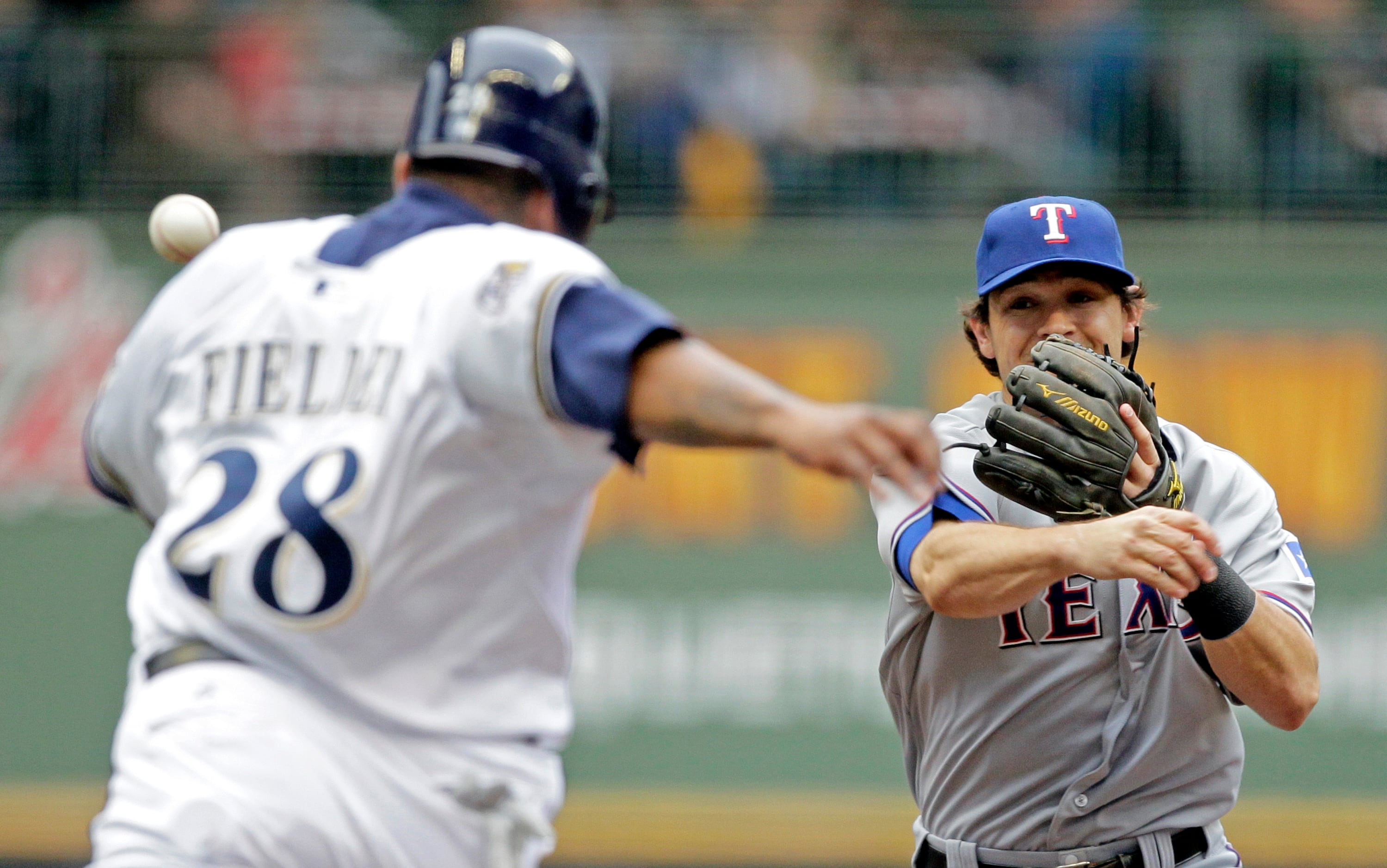 Milwaukee Brewers first baseman Prince Fielder (28) hits a double