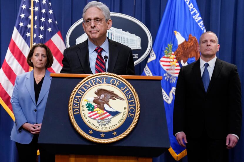 Attorney General Merrick Garland speaks at the Department of Justice in Washington,...