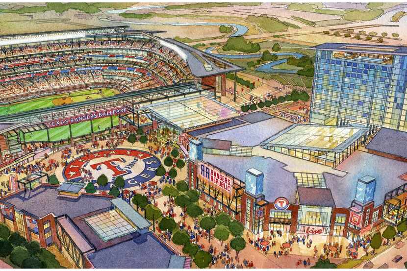 Proposed $1 billion Texas Rangers stadium alongside planned Texas Live! entertainment...