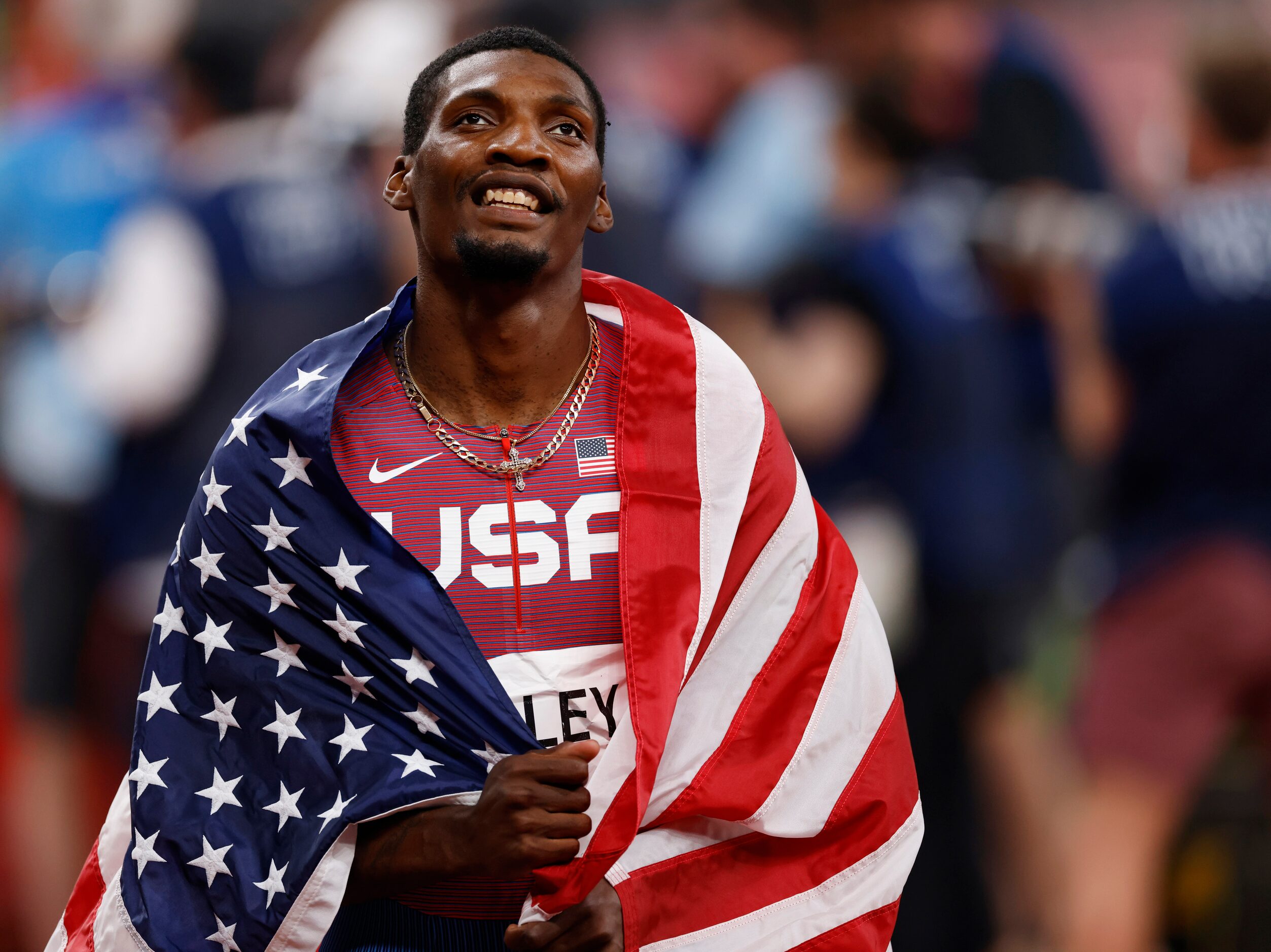 USA’s Fred Kerley celebrates after finishing in second place in the men’s 100 meter final...