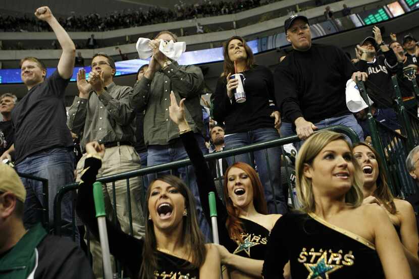 Dallas Stars Ice Girls and fans cheer after a Anaheim Ducks goal was disallowed by official...