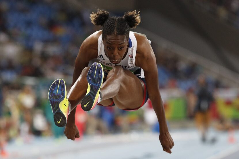 Britain's Lorraine Ugen competes in the Women's Long Jump Qualifying Round during the...