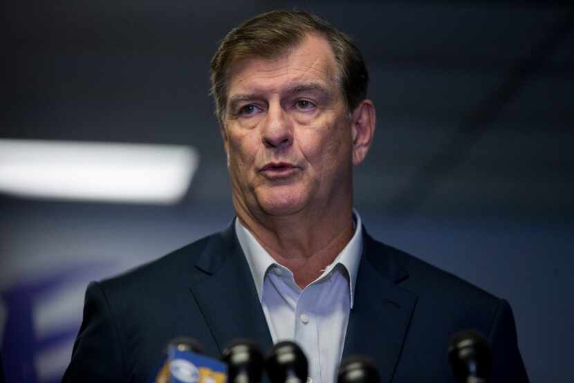 Dallas Mayor Mike Rawlings spoke at a press conference at Paul Quinn College on Saturday...