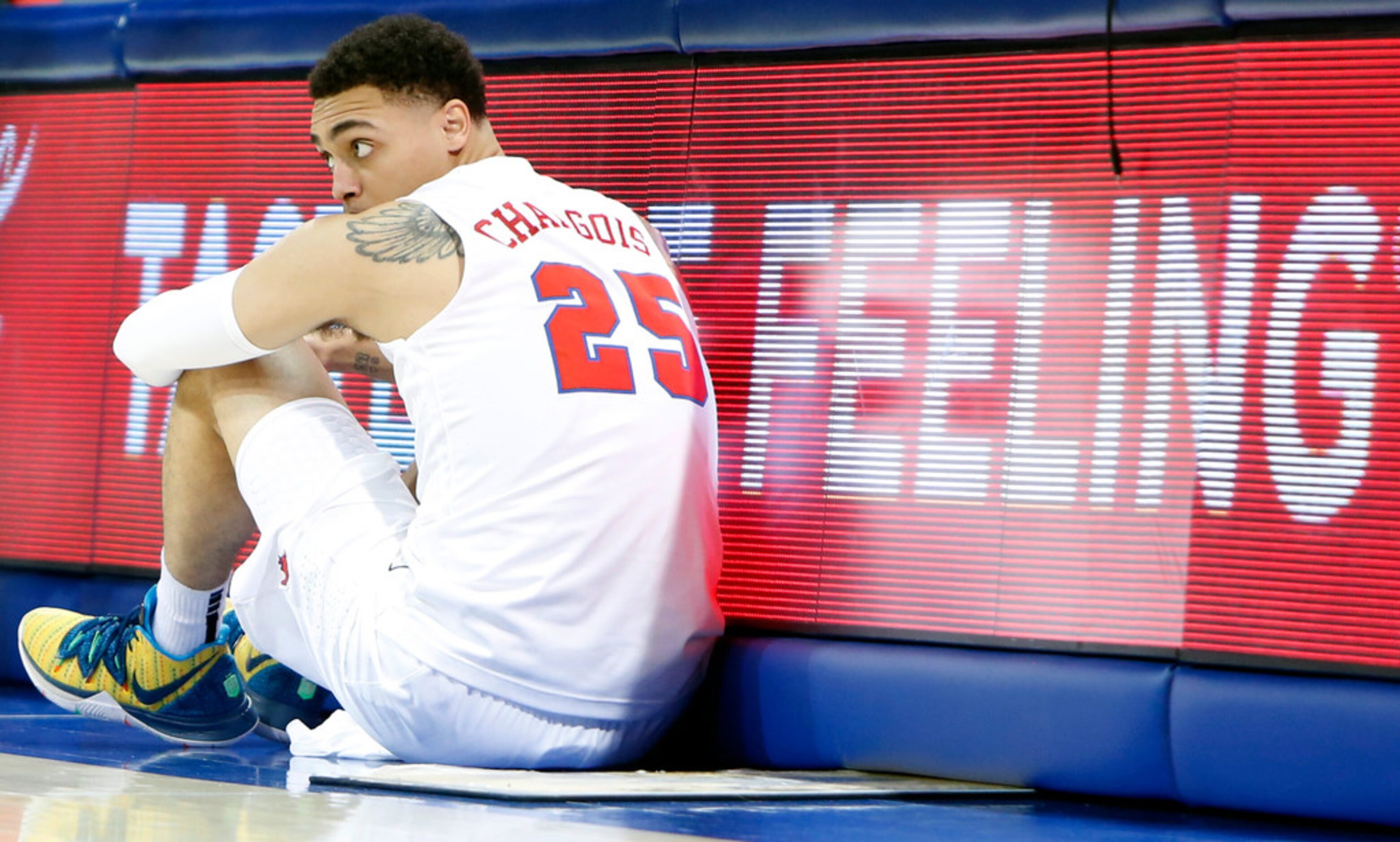 SMU forward Ethan Chargois (25) waits under the scorer's table to enter first half action...