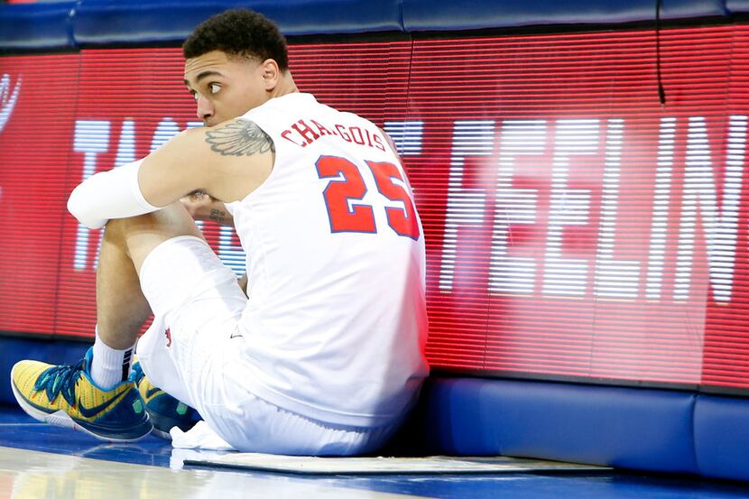 SMU forward Ethan Chargois (25) waits by the scorer's table to enter first-half action...