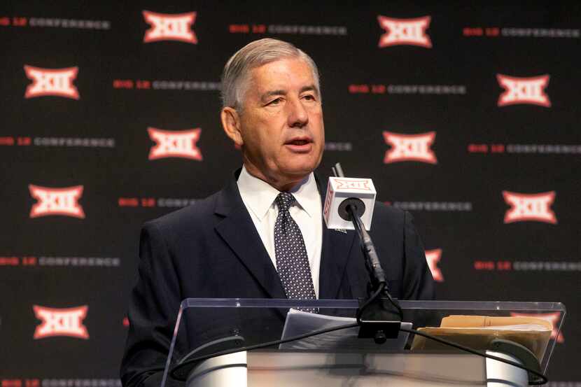 FILE - Big 12 commissioner Bob Bowlsby speaks during Big 12 media days at AT&T Stadium in...