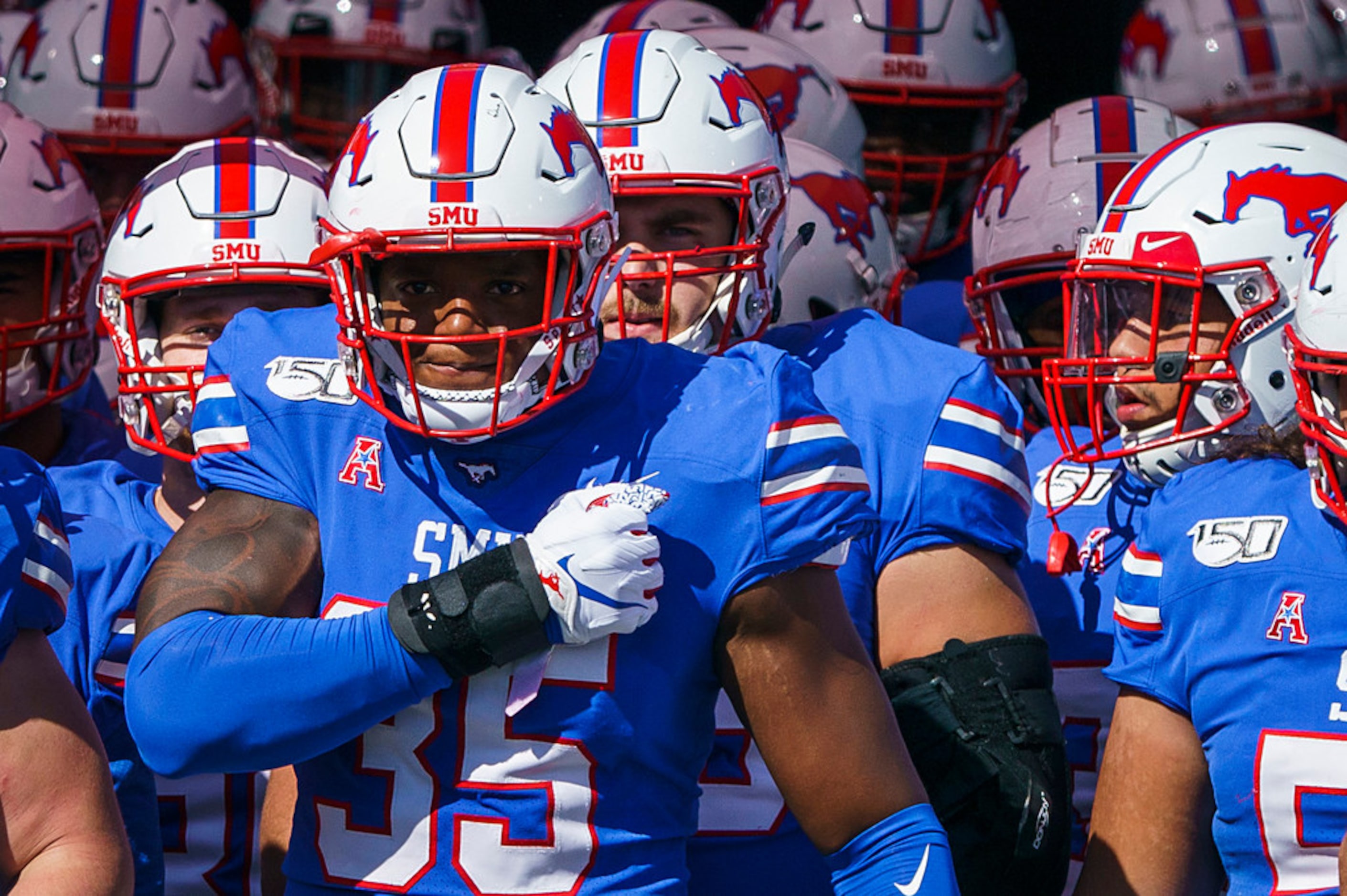 SMU defensive end Delontae Scott (35) prepares to take the field for an NCAA football game...