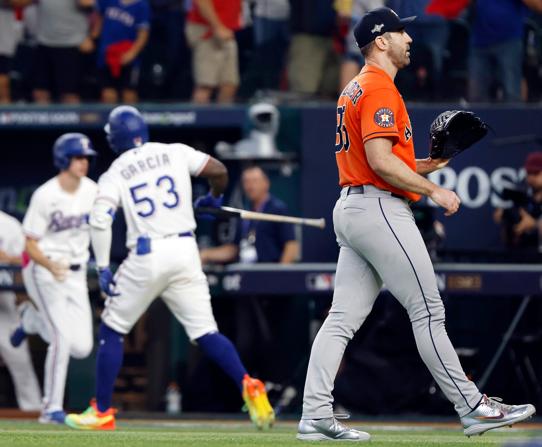 Houston Astros starting pitcher Justin Verlander (right) gave up a three-run homer to Texas...