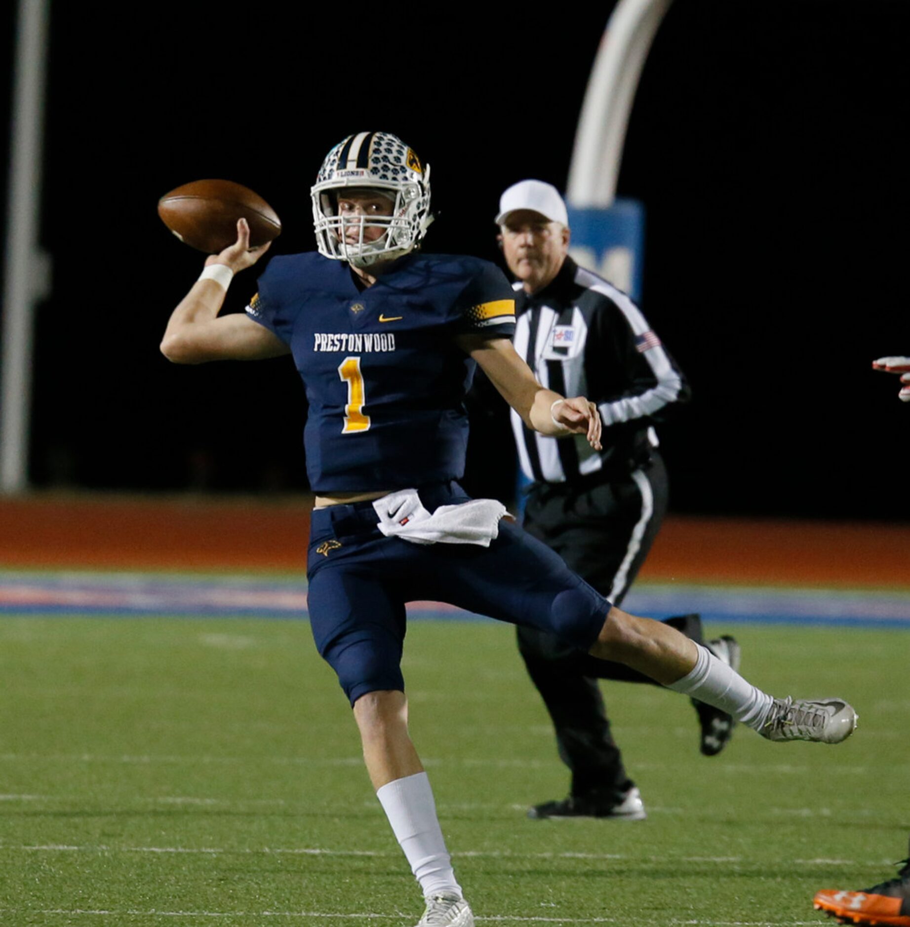 Prestonwood Christian Academy Quarterback Wiley Green (1) makes a pass to receivers  during...