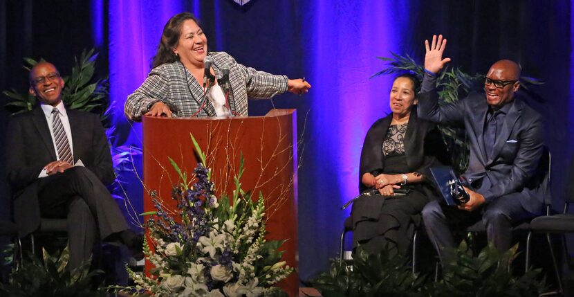 Dallas Mayor Pro tem Monica Alonzo jokes with former Dallas Police Chief David O. Brown...