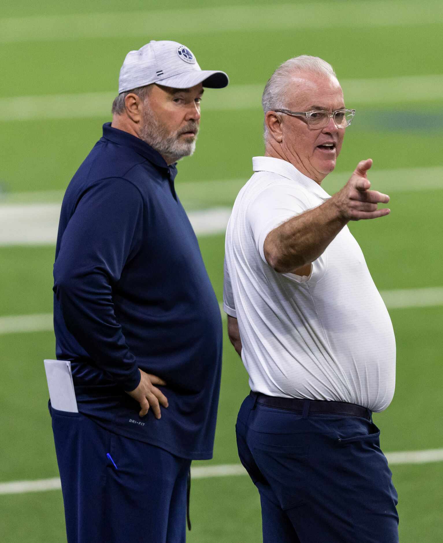 Dallas Cowboys head coach Mike McCarthy, left, and COO Stephen Jones are seen during a...