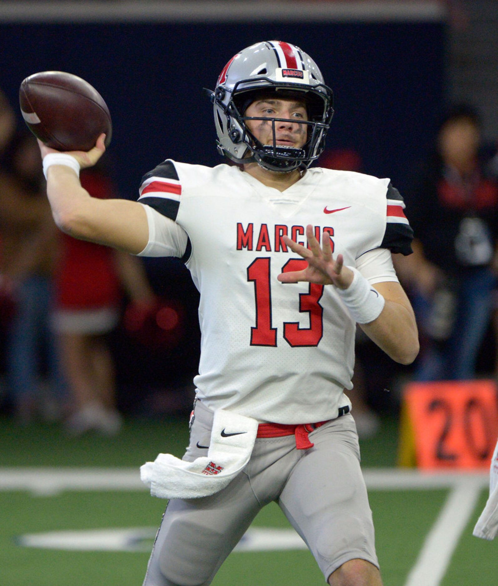 Flower Mound Marcus quarterback Garrett Nussmeier (13) throws a pass in the first half of a...