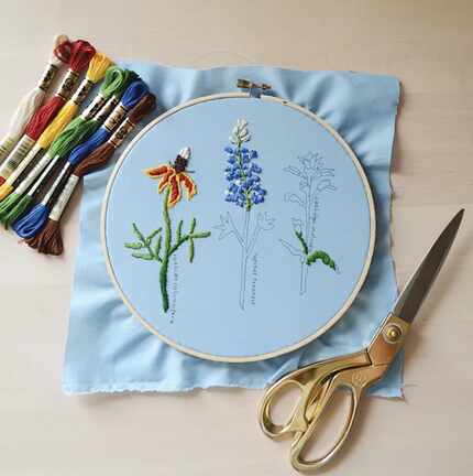 Embroidery work in progress with different types of Texas wildflowers.