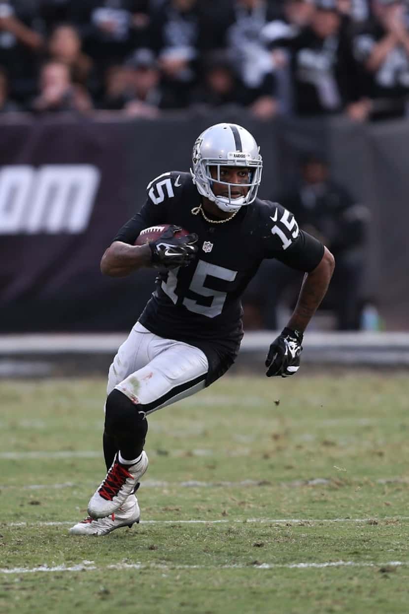 Oakland Raiders wide receiver Michael Crabtree in action against the Buffalo Bills during an...