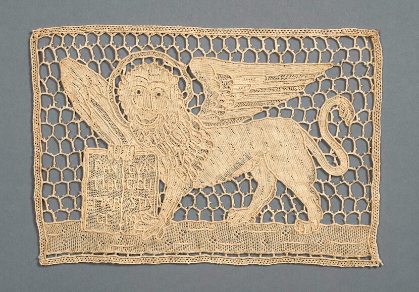 The Scuola dei Merletti di Burano made this lace panel featuring the Lion of St. Mark....