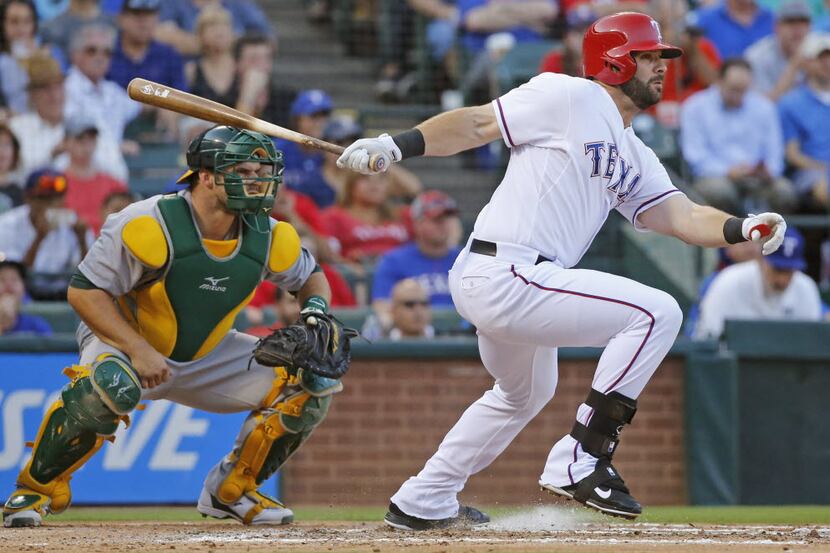 Texas Rangers first baseman Mitch Moreland (18) is pictured during the Oakland Athletics vs....