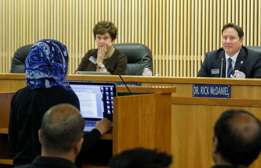 McKinney ISD school board member Lynn Sperry (left) and Superintendent Rick McDaniel listen...