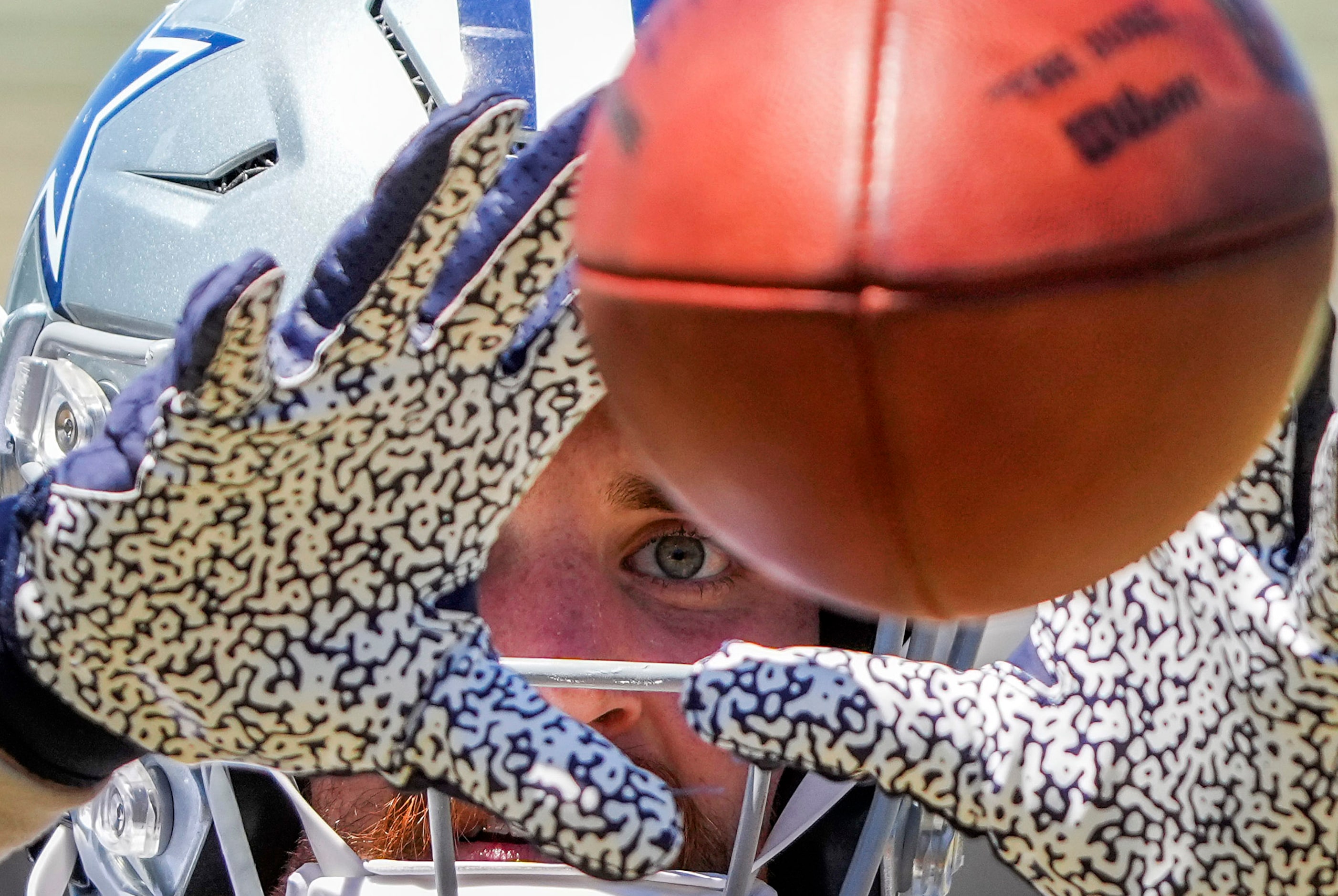 Dallas Cowboys tight end Dalton Schultz catches a ball during a practice at training camp on...