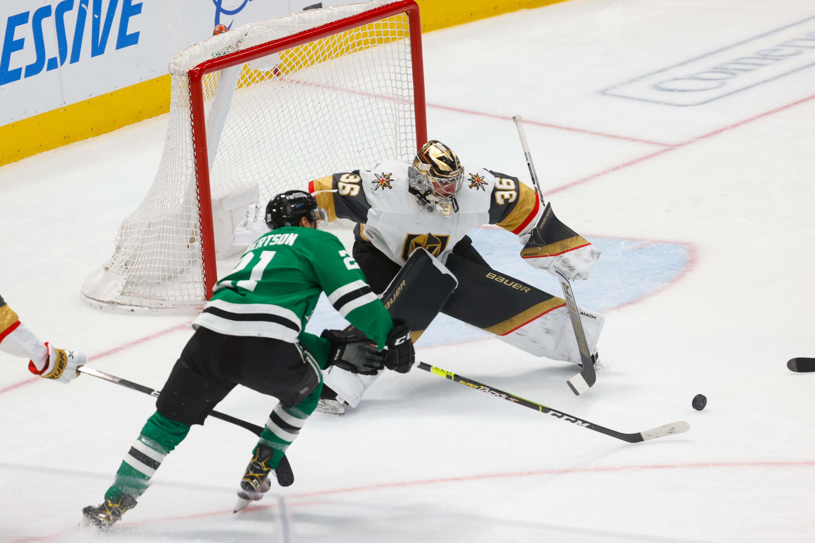 Vegas Golden Knights goaltender Logan Thompson (36) stops Dallas Stars left wing Jason...