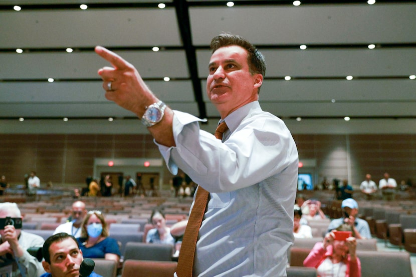 Democratic State. Sen. Roland Gutierrez interrupts Gov. Greg Abbott during a May 27, 2023,...