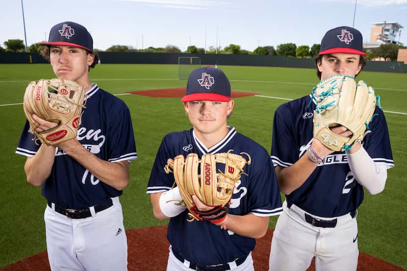 (From left) Allen baseball pitchers Isaac Gammel, Brady Coe and Chandler Hart pose for a...