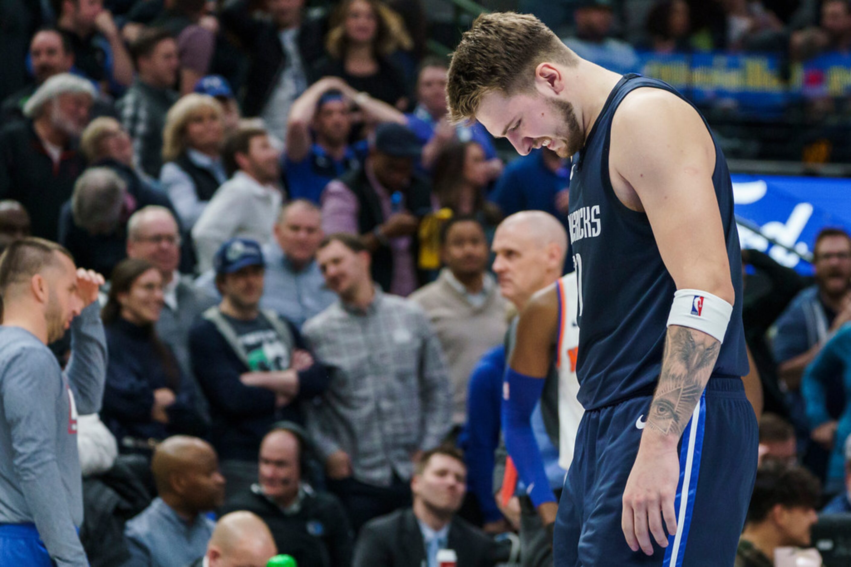 Dallas Mavericks guard Luka Doncic reacts after missing a 3-point attempt to tie the game...