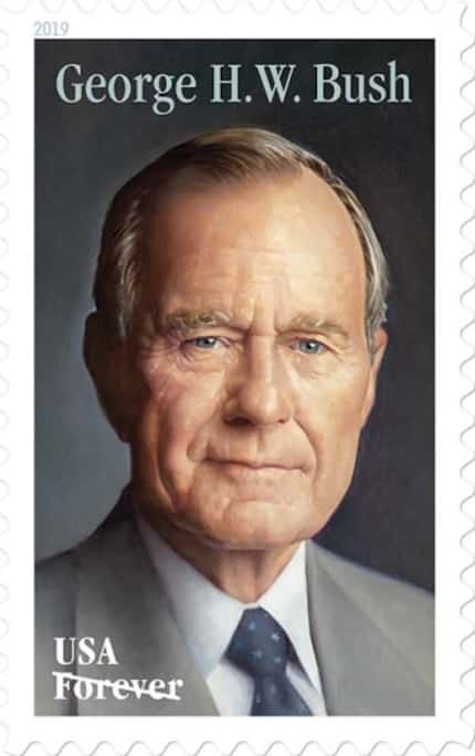 A U.S. Postal Service stamp commemorating former President George H.W. Bush is a portrait...