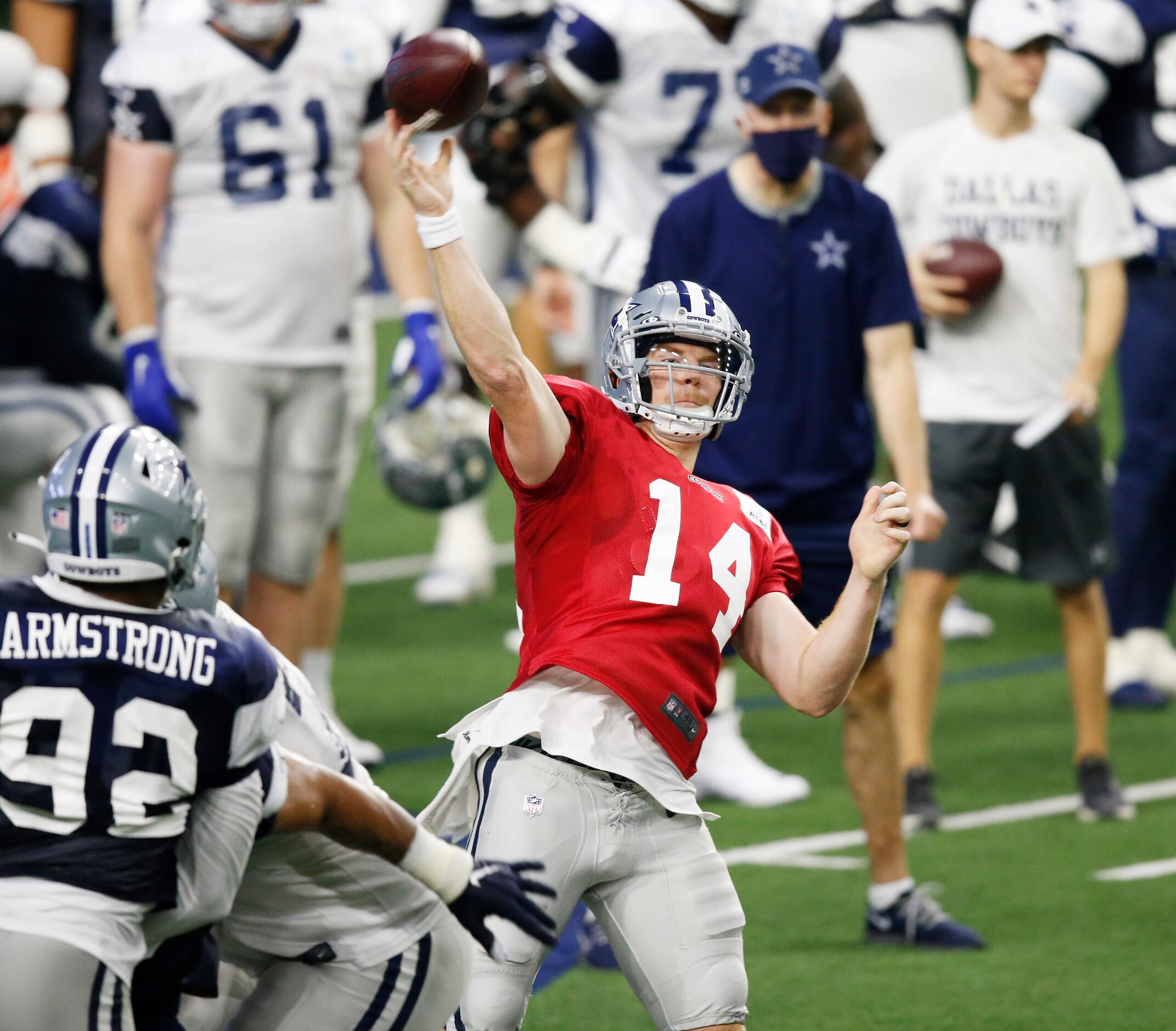 Dallas Cowboys quarterback Andy Dalton (14) attempts a pass during training camp at the...