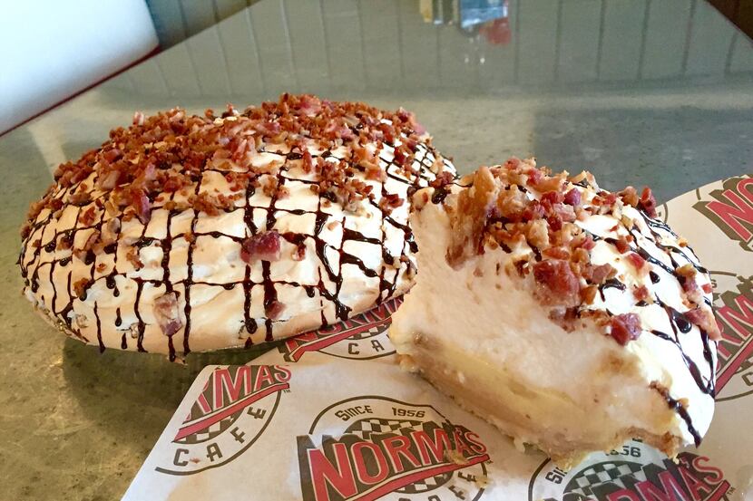 The new Elvis pie, peanut butter and banana meringue with chocolate sauce and bacon.