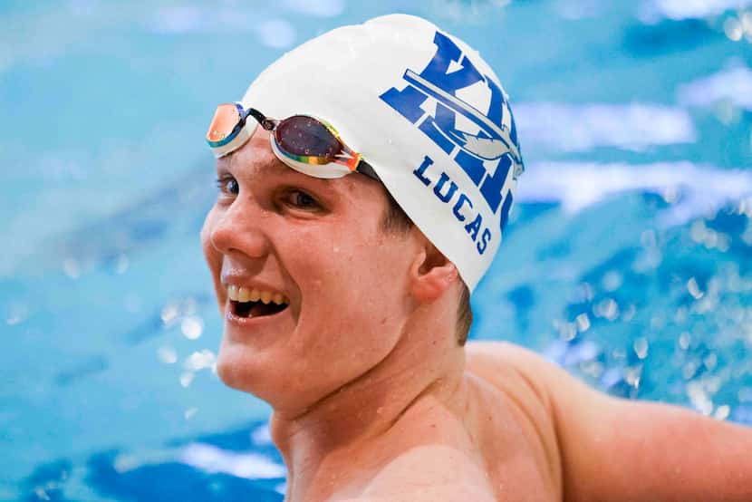Keller high swimmer Cooper Lucas reacts as he takes a break during swim and dive practice...