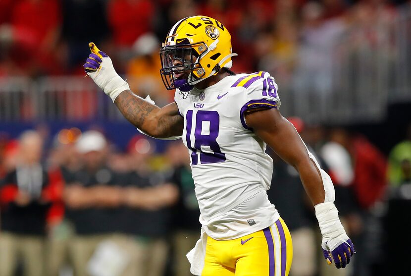 FILE - LSU edge rusher K'Lavon Chaisson is pictured in the first half of the SEC...